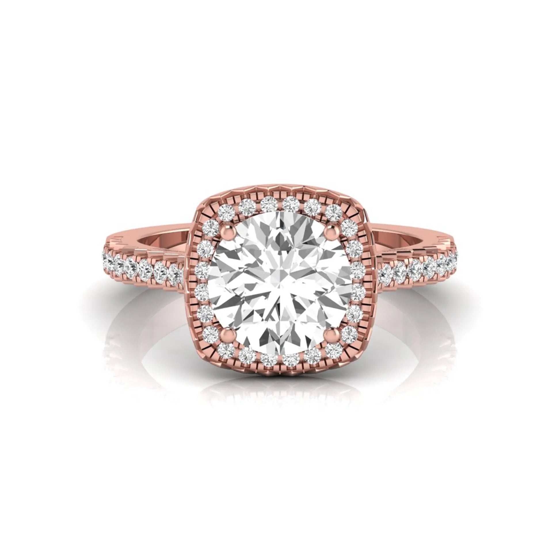 Round cut lab grown diamond halo engagement ring featuring a four-prong center setting with a pavé diamond band in rose gold tone.
