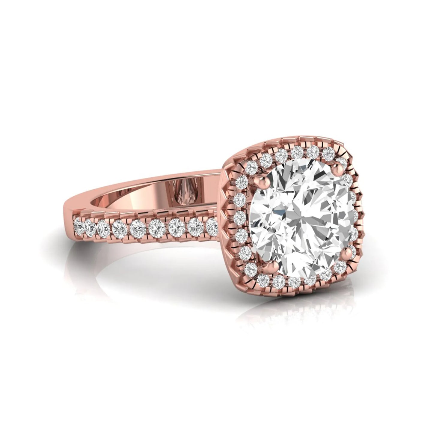 Round cut lab grown diamond halo engagement ring featuring a four-prong center setting with a pavé diamond band in rose gold tone.