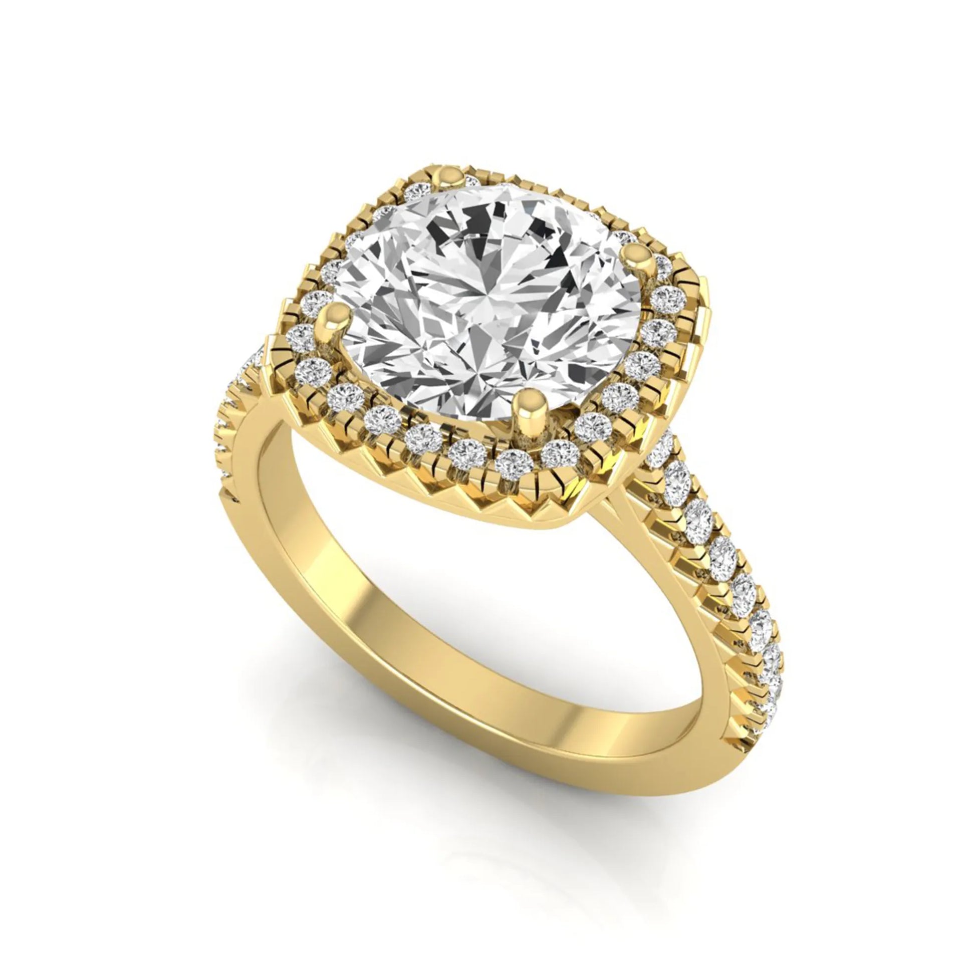 Round cut lab grown diamond halo engagement ring featuring a four-prong center setting with a pavé diamond band in yellow gold tone.
