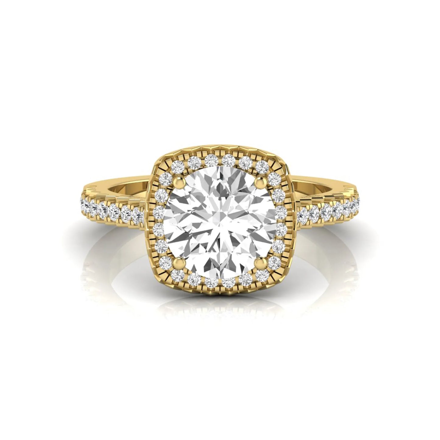 Round cut lab grown diamond halo engagement ring featuring a four-prong center setting with a pavé diamond band in yellow gold tone.