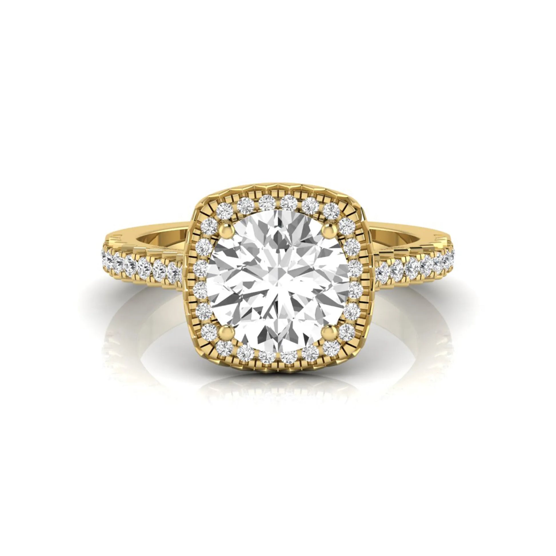 Round cut lab grown diamond halo engagement ring featuring a four-prong center setting with a pavé diamond band in yellow gold tone.
