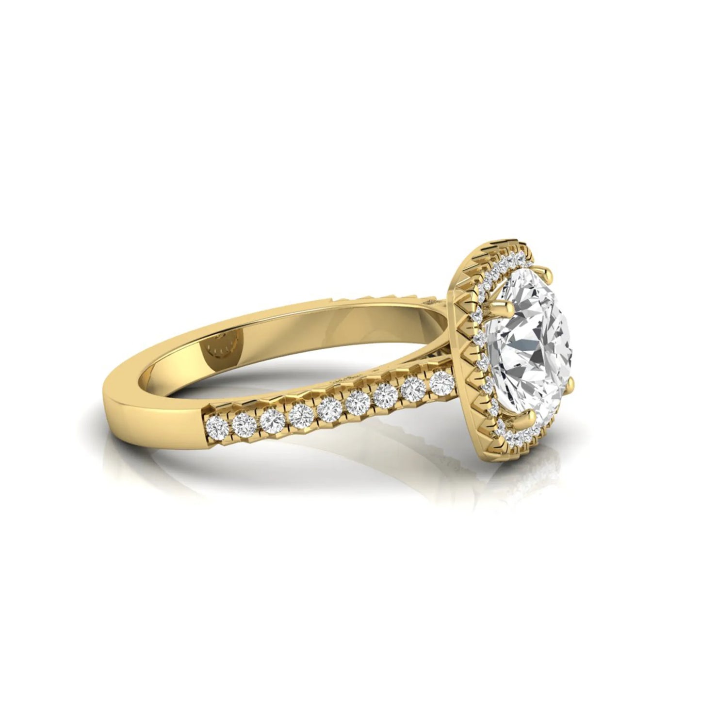 Round cut lab grown diamond halo engagement ring featuring a four-prong center setting with a pavé diamond band in yellow gold tone.