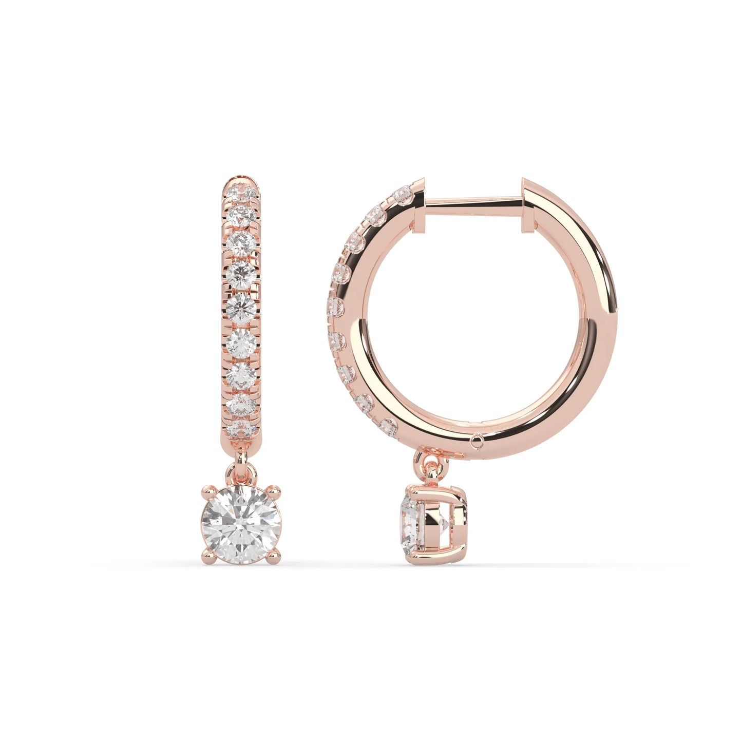 rose gold Round cut lab grown diamond hoop drop earrings featuring diamond-set hoops with solitaire dangling diamonds.