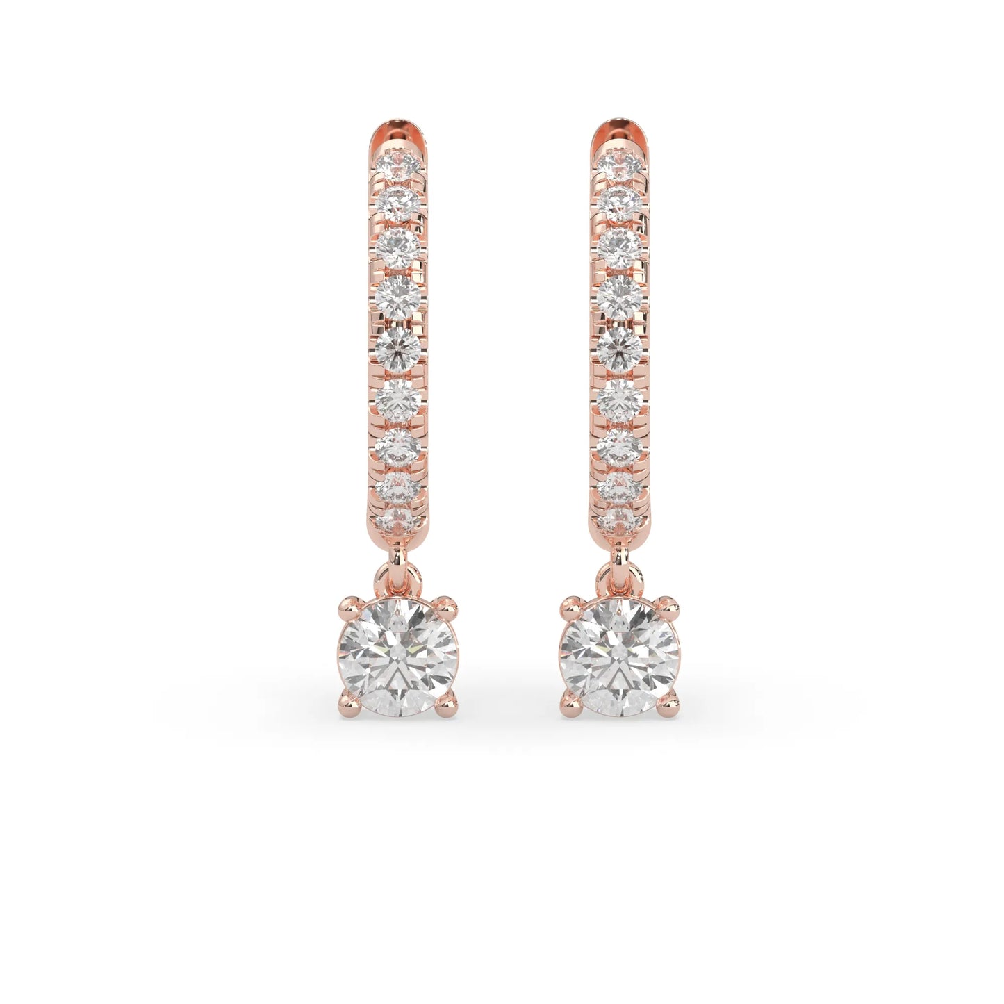 rose gold Round cut lab grown diamond hoop drop earrings featuring diamond-set hoops with solitaire dangling diamonds.