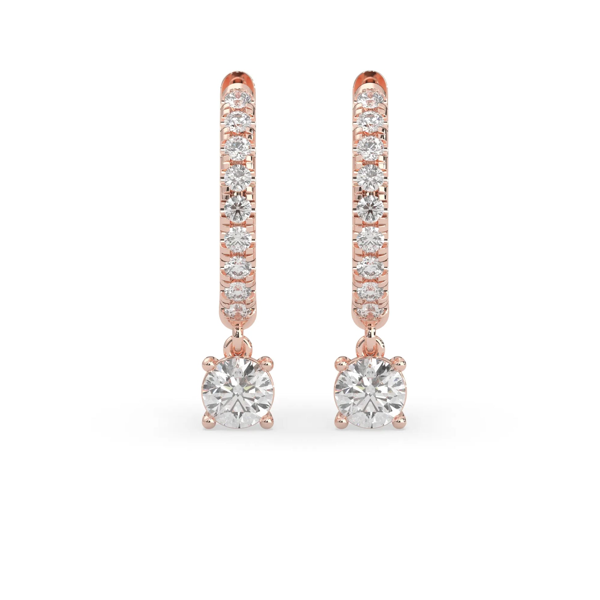 rose gold Round cut lab grown diamond hoop drop earrings featuring diamond-set hoops with solitaire dangling diamonds.