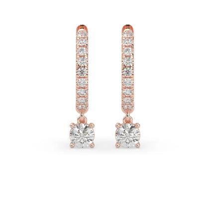 rose gold Round cut lab grown diamond hoop drop earrings featuring diamond-set hoops with solitaire dangling diamonds.