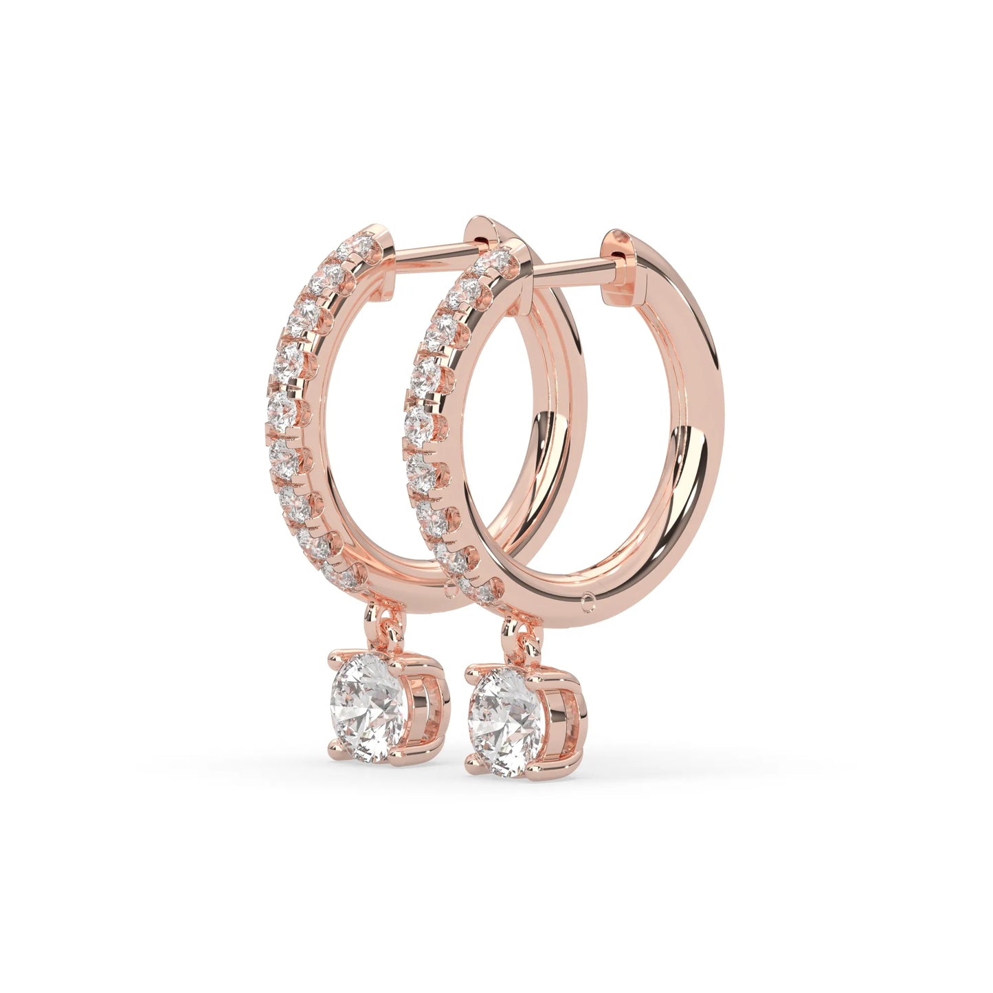 rose gold Round cut lab grown diamond hoop drop earrings featuring diamond-set hoops with solitaire dangling diamonds.