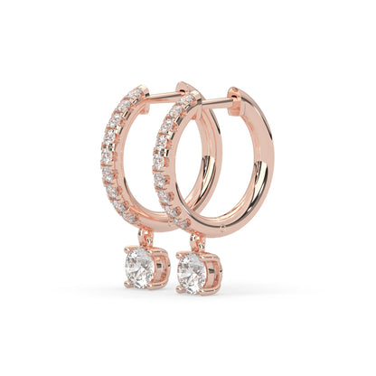 rose gold Round cut lab grown diamond hoop drop earrings featuring diamond-set hoops with solitaire dangling diamonds.