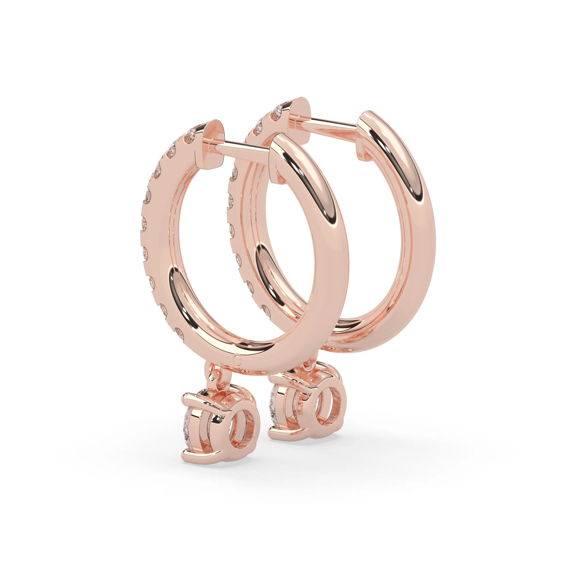 rose gold Round cut lab grown diamond hoop drop earrings featuring diamond-set hoops with solitaire dangling diamonds.