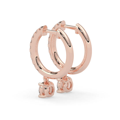 rose gold Round cut lab grown diamond hoop drop earrings featuring diamond-set hoops with solitaire dangling diamonds.