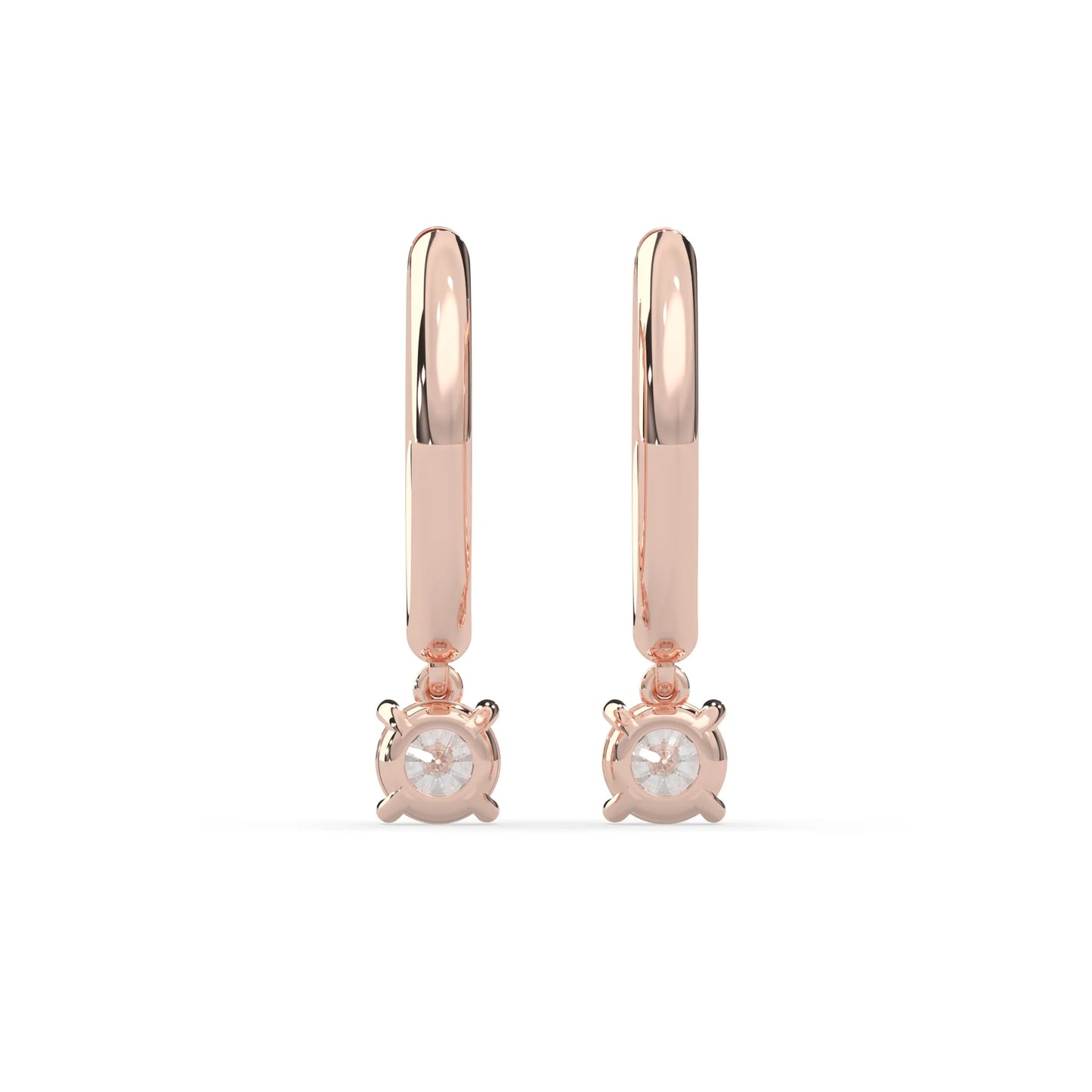 rose gold Round cut lab grown diamond hoop drop earrings featuring diamond-set hoops with solitaire dangling diamonds.