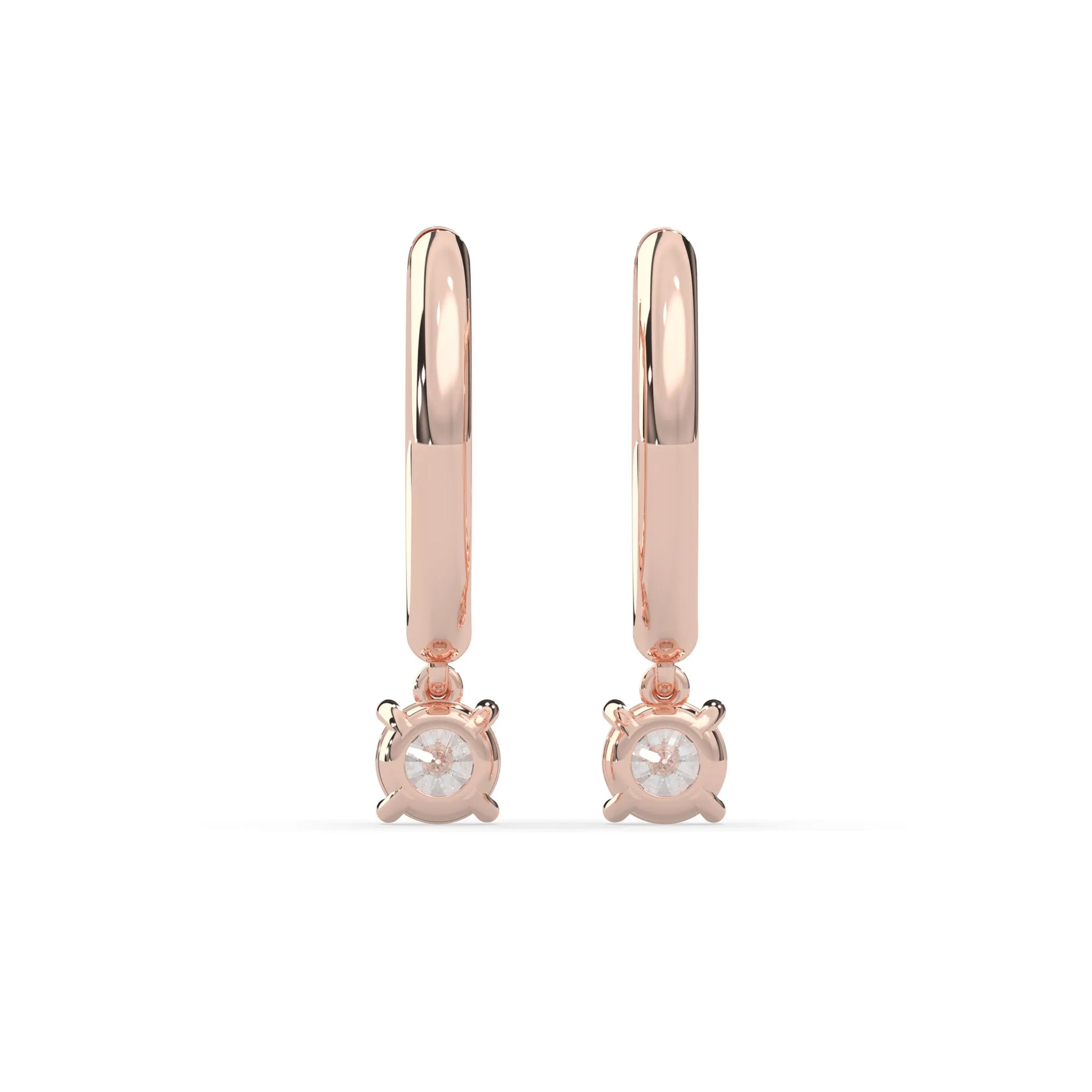 rose gold Round cut lab grown diamond hoop drop earrings featuring diamond-set hoops with solitaire dangling diamonds.