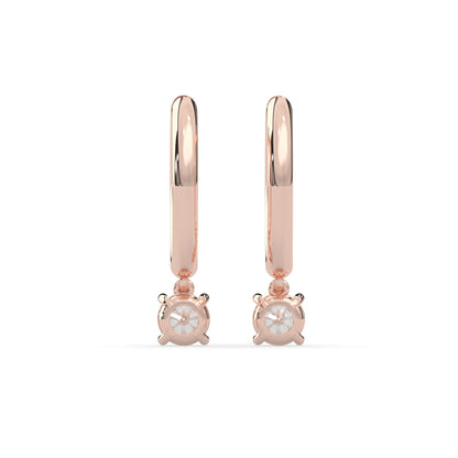 rose gold Round cut lab grown diamond hoop drop earrings featuring diamond-set hoops with solitaire dangling diamonds.