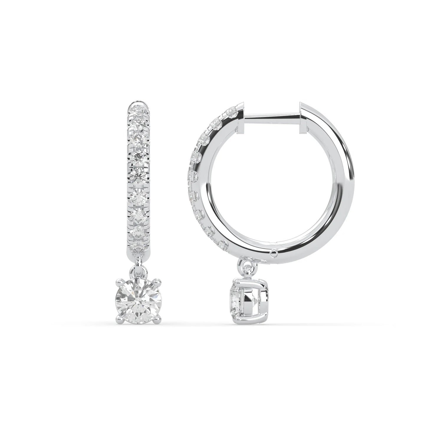 white gold Round cut lab grown diamond hoop drop earrings featuring diamond-set hoops with solitaire dangling diamonds.