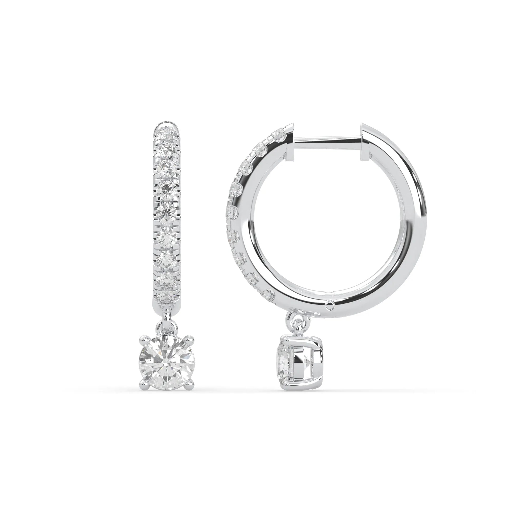 white gold Round cut lab grown diamond hoop drop earrings featuring diamond-set hoops with solitaire dangling diamonds.