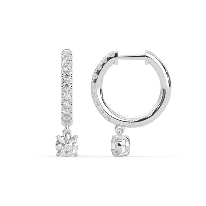 white gold Round cut lab grown diamond hoop drop earrings featuring diamond-set hoops with solitaire dangling diamonds.