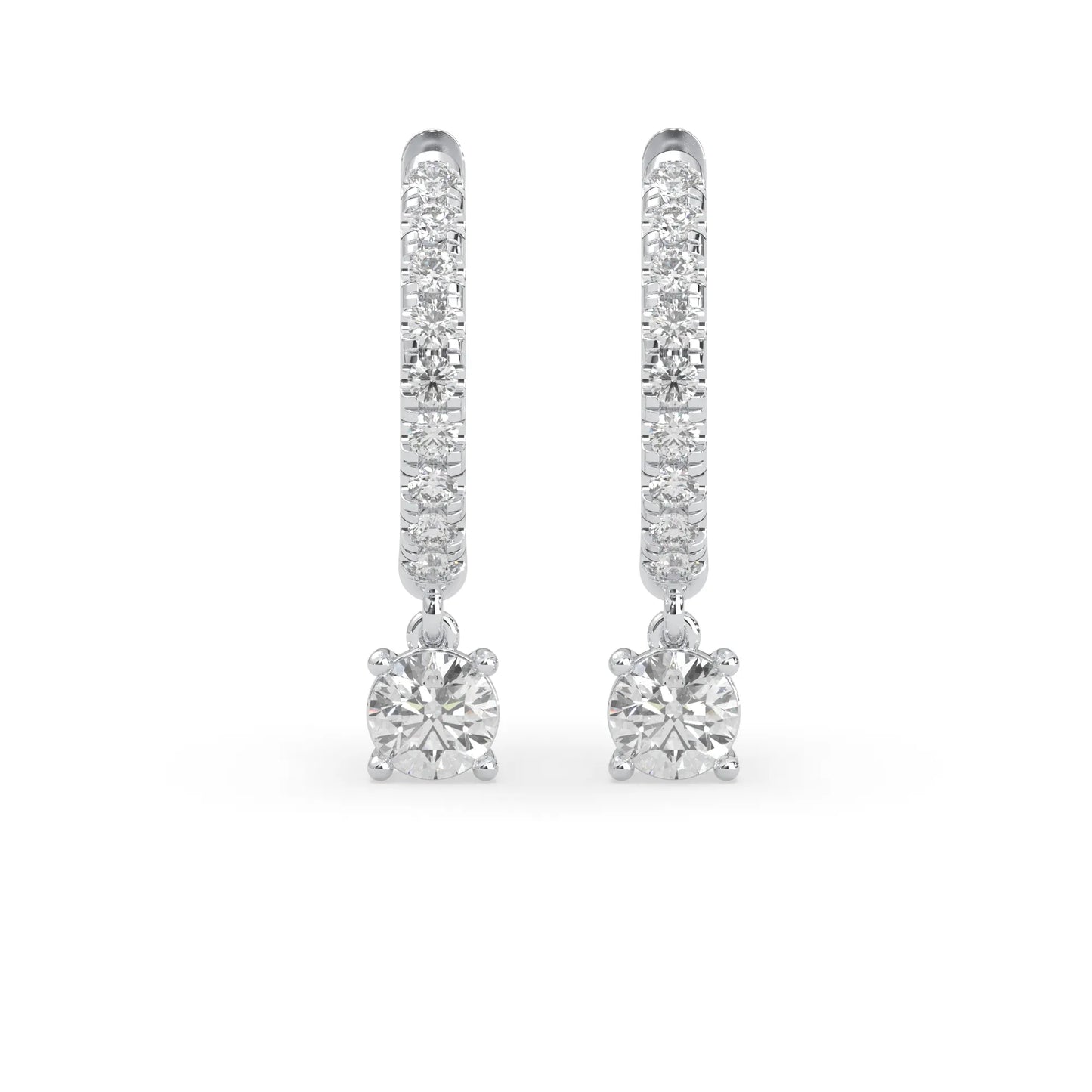 white gold Round cut lab grown diamond hoop drop earrings featuring diamond-set hoops with solitaire dangling diamonds.