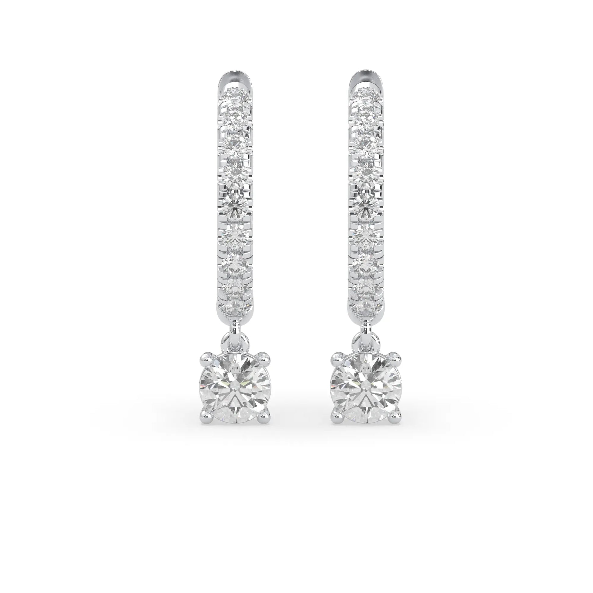 white gold Round cut lab grown diamond hoop drop earrings featuring diamond-set hoops with solitaire dangling diamonds.