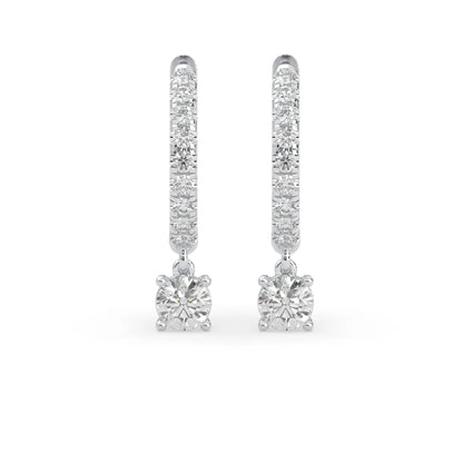 white gold Round cut lab grown diamond hoop drop earrings featuring diamond-set hoops with solitaire dangling diamonds.