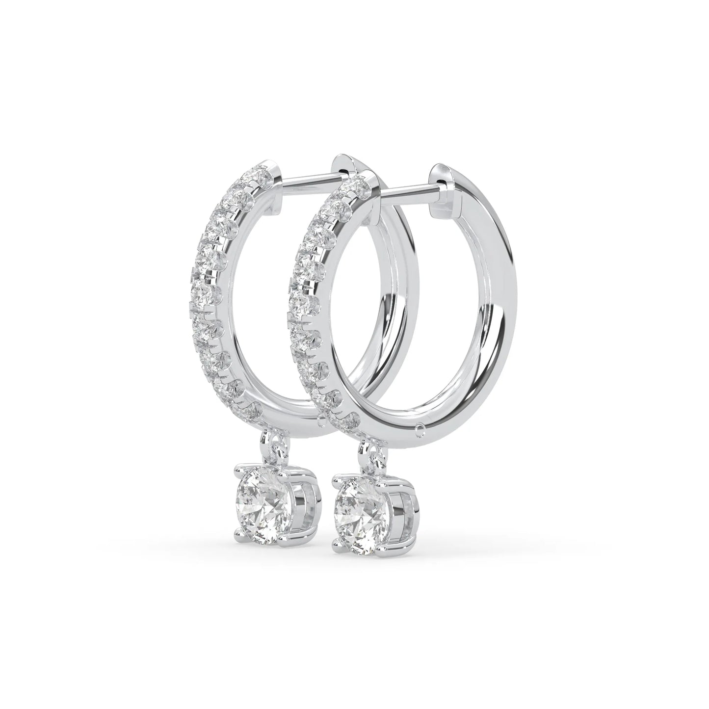 white gold Round cut lab grown diamond hoop drop earrings featuring diamond-set hoops with solitaire dangling diamonds.