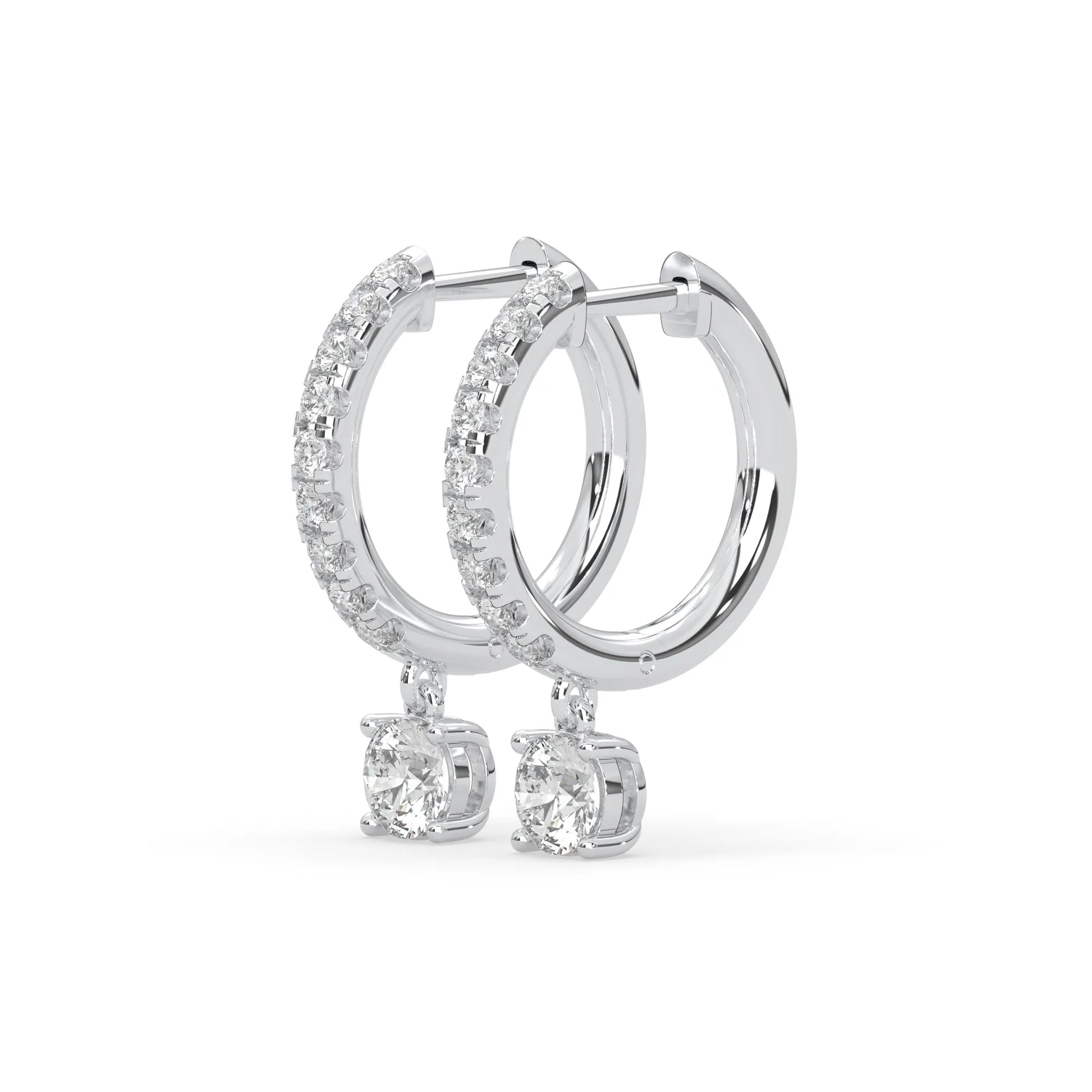 white gold Round cut lab grown diamond hoop drop earrings featuring diamond-set hoops with solitaire dangling diamonds.
