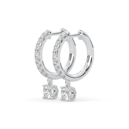 white gold Round cut lab grown diamond hoop drop earrings featuring diamond-set hoops with solitaire dangling diamonds.