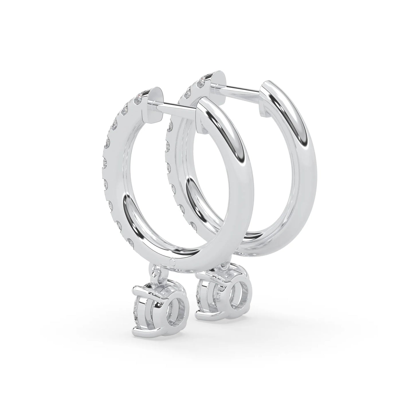 white gold Round cut lab grown diamond hoop drop earrings featuring diamond-set hoops with solitaire dangling diamonds.