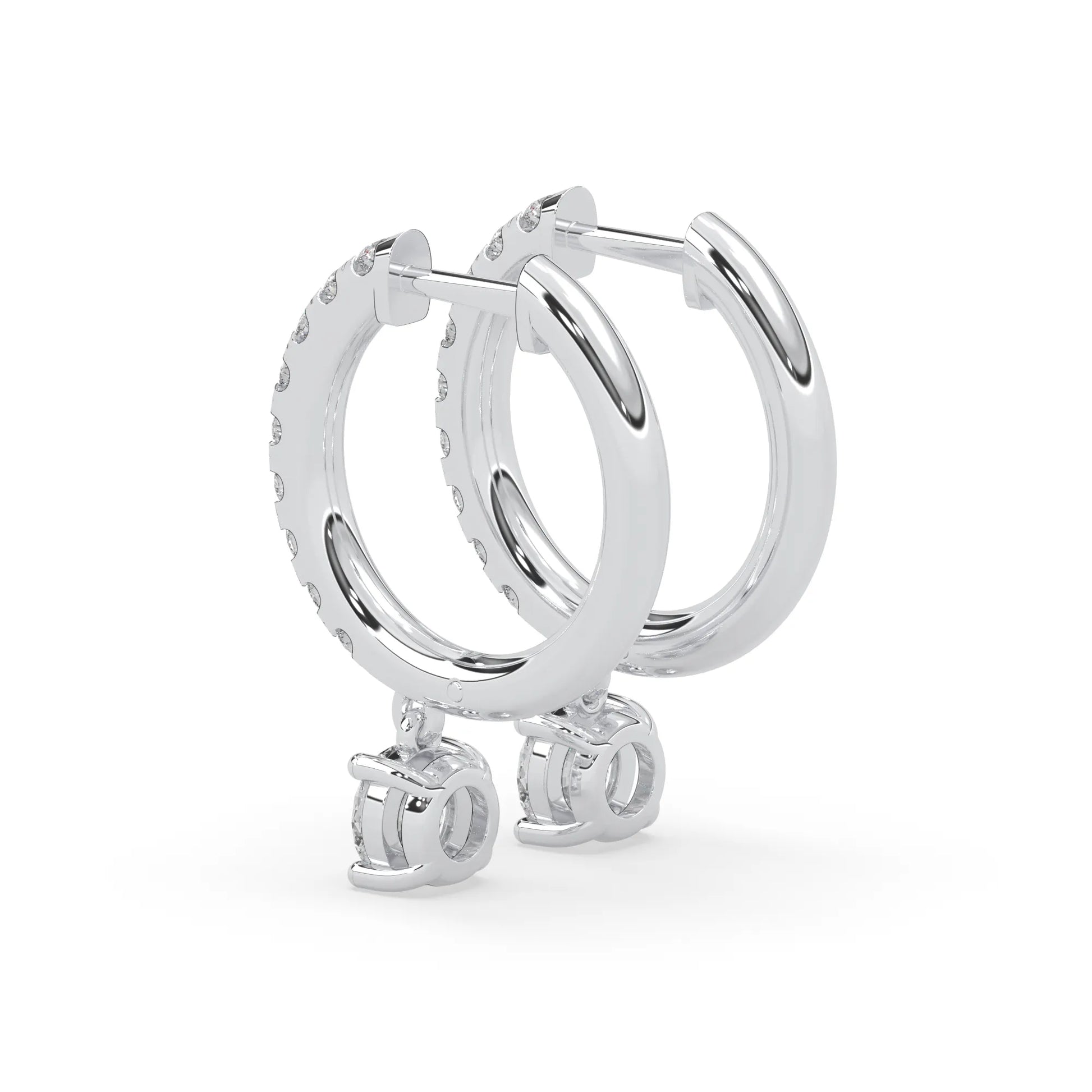 white gold Round cut lab grown diamond hoop drop earrings featuring diamond-set hoops with solitaire dangling diamonds.