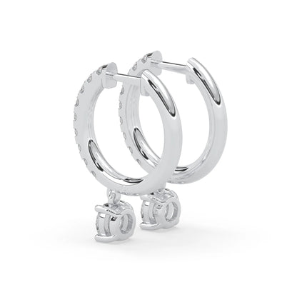 white gold Round cut lab grown diamond hoop drop earrings featuring diamond-set hoops with solitaire dangling diamonds.