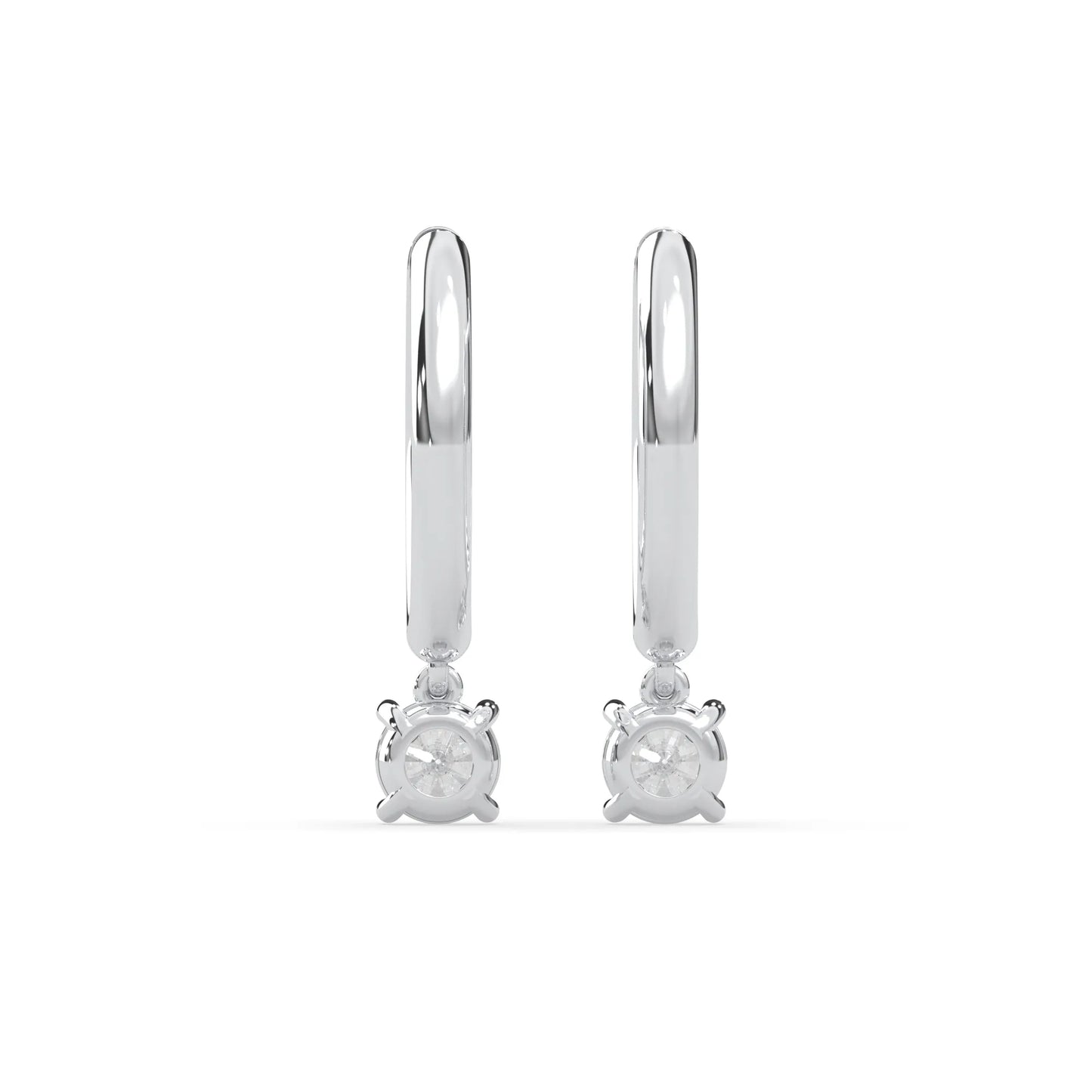 white gold Round cut lab grown diamond hoop drop earrings featuring diamond-set hoops with solitaire dangling diamonds.