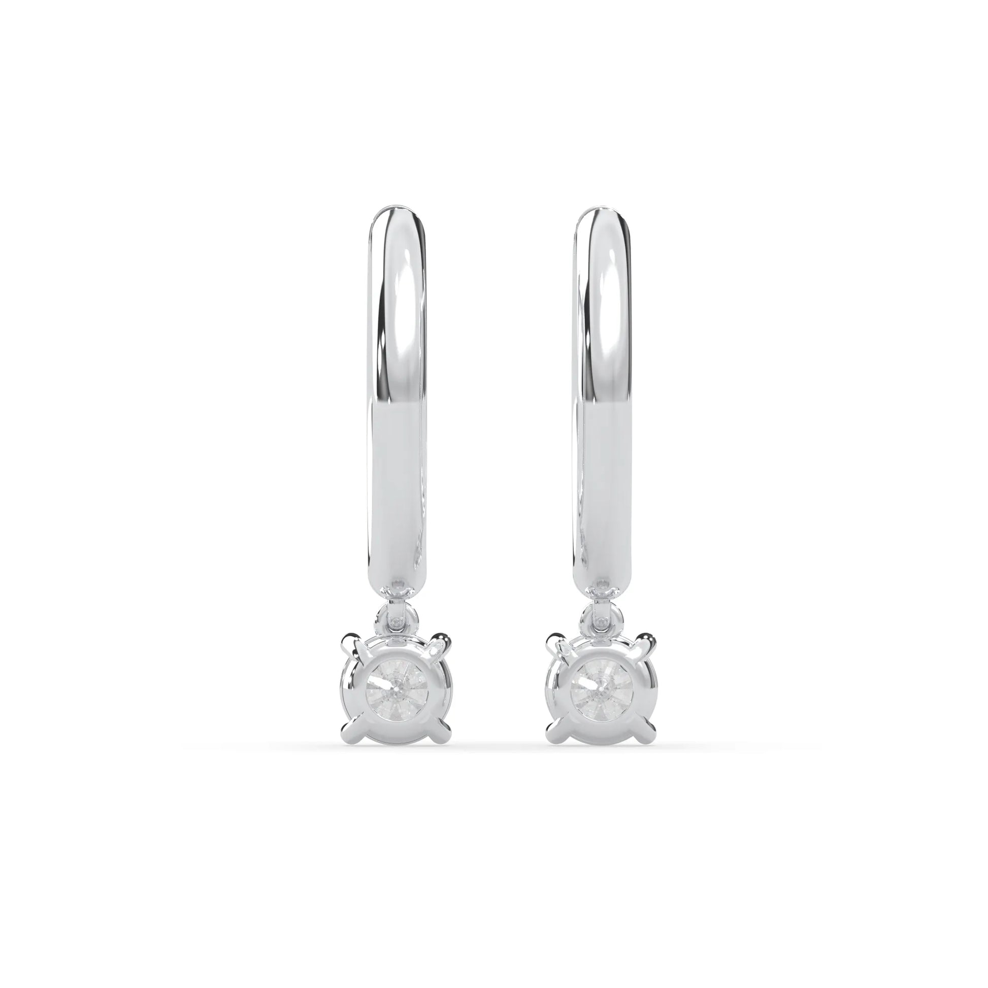 white gold Round cut lab grown diamond hoop drop earrings featuring diamond-set hoops with solitaire dangling diamonds.