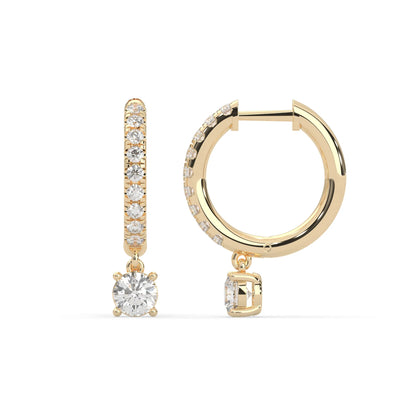 yellow gold Round cut lab grown diamond hoop drop earrings featuring diamond-set hoops with solitaire dangling diamonds.