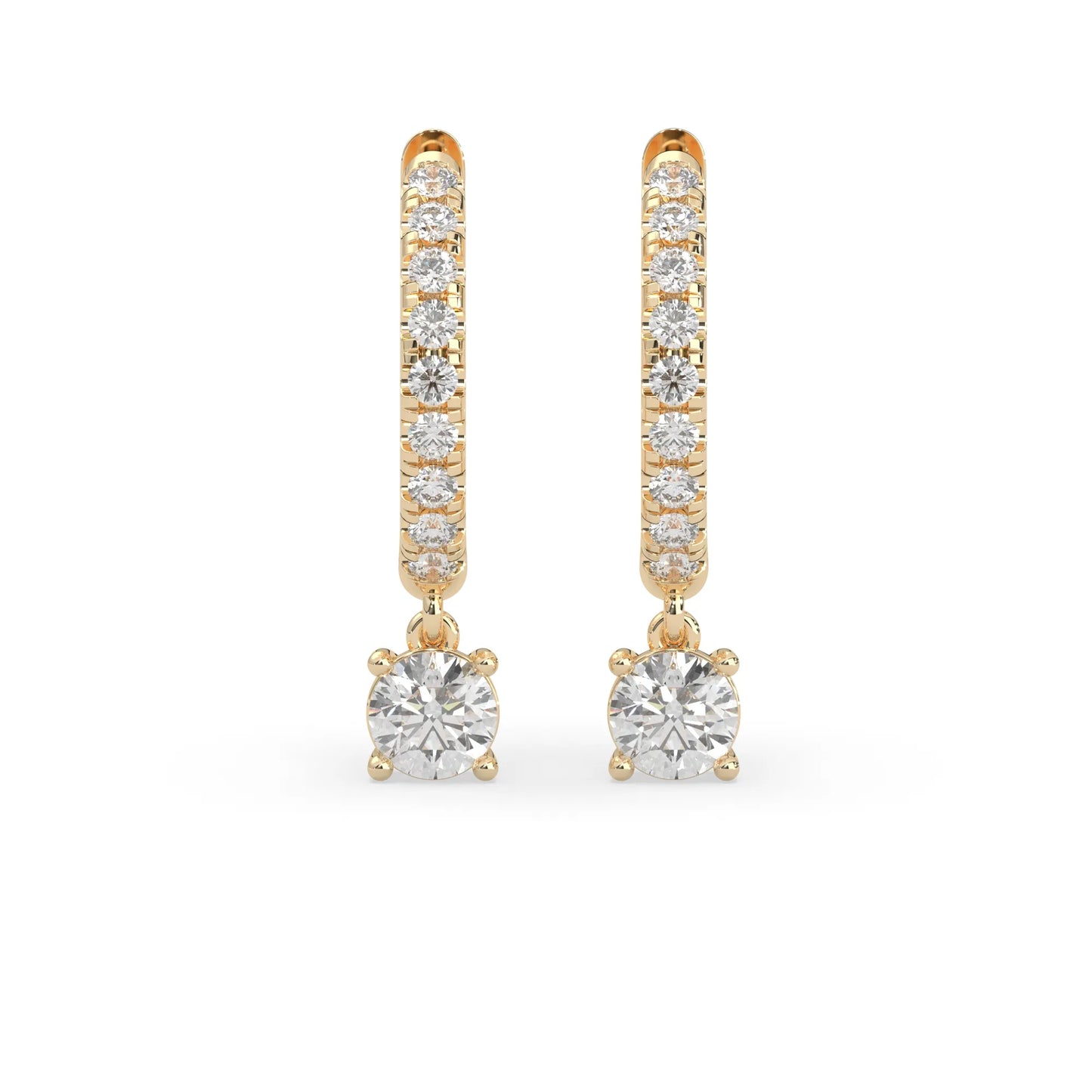 yellow gold Round cut lab grown diamond hoop drop earrings featuring diamond-set hoops with solitaire dangling diamonds.