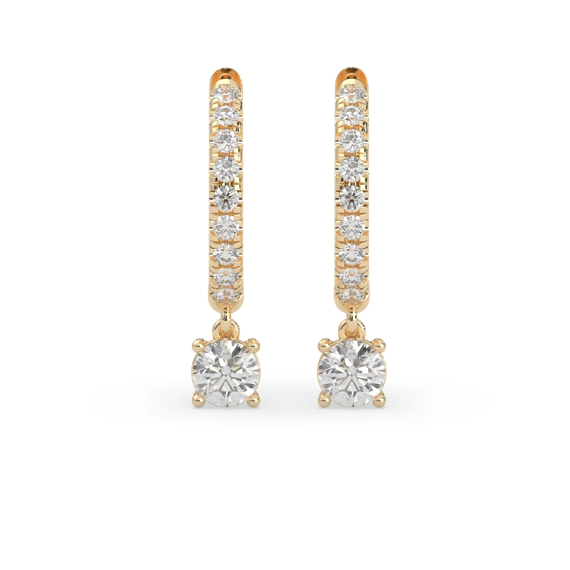 yellow gold Round cut lab grown diamond hoop drop earrings featuring diamond-set hoops with solitaire dangling diamonds.