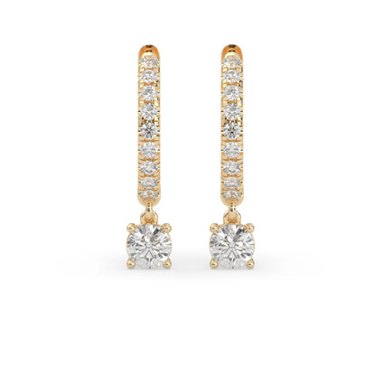 yellow gold Round cut lab grown diamond hoop drop earrings featuring diamond-set hoops with solitaire dangling diamonds.