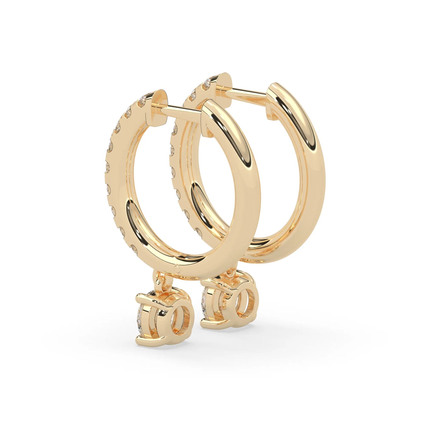 yellow gold Round cut lab grown diamond hoop drop earrings featuring diamond-set hoops with solitaire dangling diamonds.