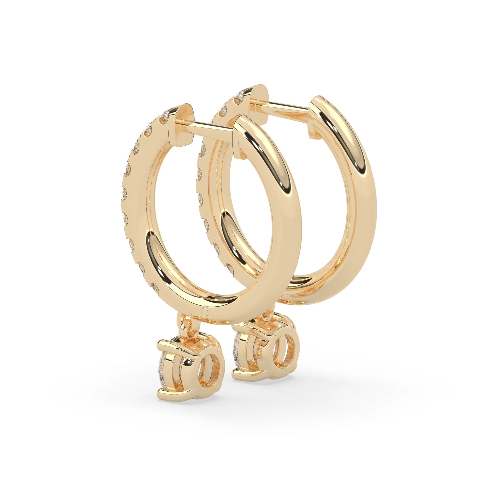 yellow gold Round cut lab grown diamond hoop drop earrings featuring diamond-set hoops with solitaire dangling diamonds.
