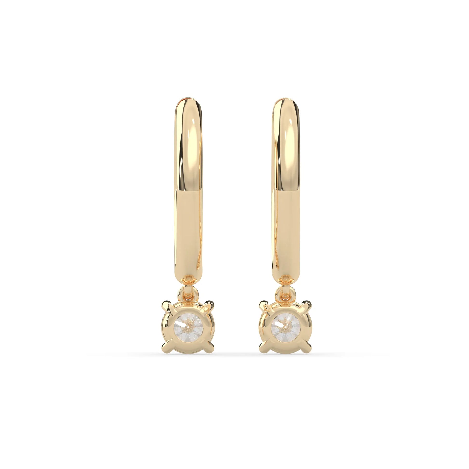 yellow gold Round cut lab grown diamond hoop drop earrings featuring diamond-set hoops with solitaire dangling diamonds.