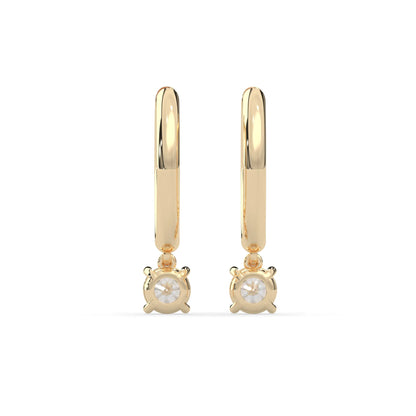 yellow gold Round cut lab grown diamond hoop drop earrings featuring diamond-set hoops with solitaire dangling diamonds.