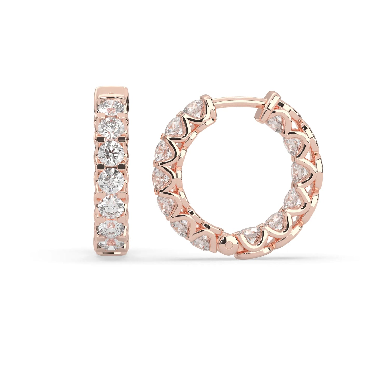 rose gold Round cut lab grown diamond hoop earrings featuring 2.50 mm diamonds in a shared prong setting with hinged closure.