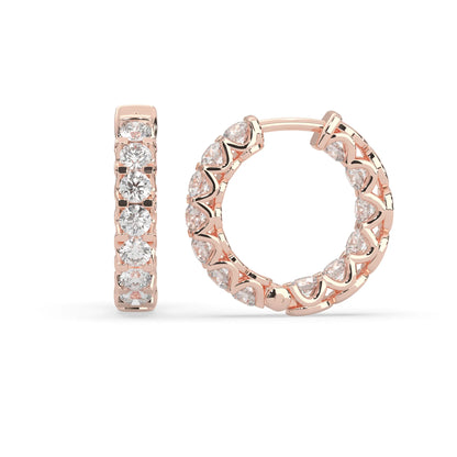 rose gold Round cut lab grown diamond hoop earrings featuring 2.50 mm diamonds in a shared prong setting with hinged closure.