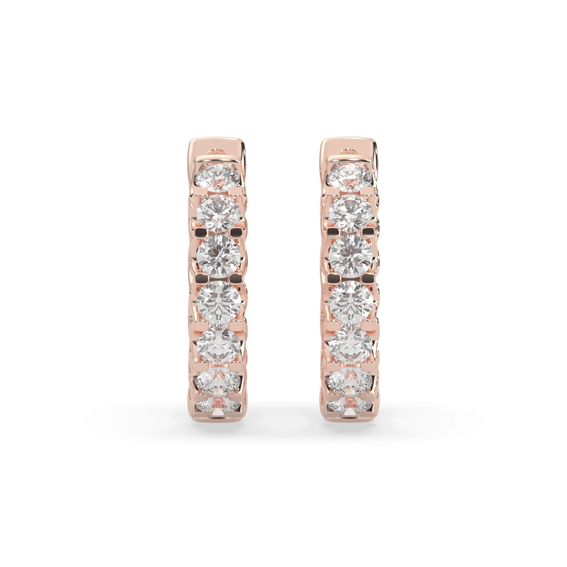 rose gold Round cut lab grown diamond hoop earrings featuring 2.50 mm diamonds in a shared prong setting with hinged closure.