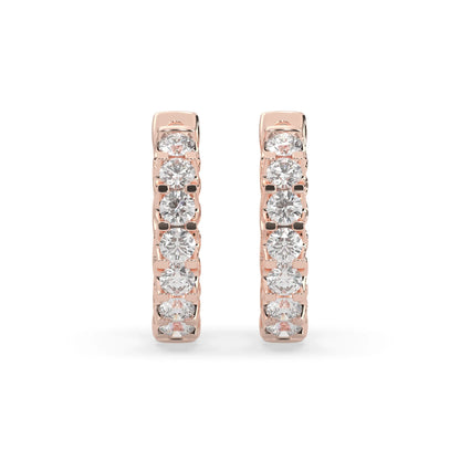 rose gold Round cut lab grown diamond hoop earrings featuring 2.50 mm diamonds in a shared prong setting with hinged closure.