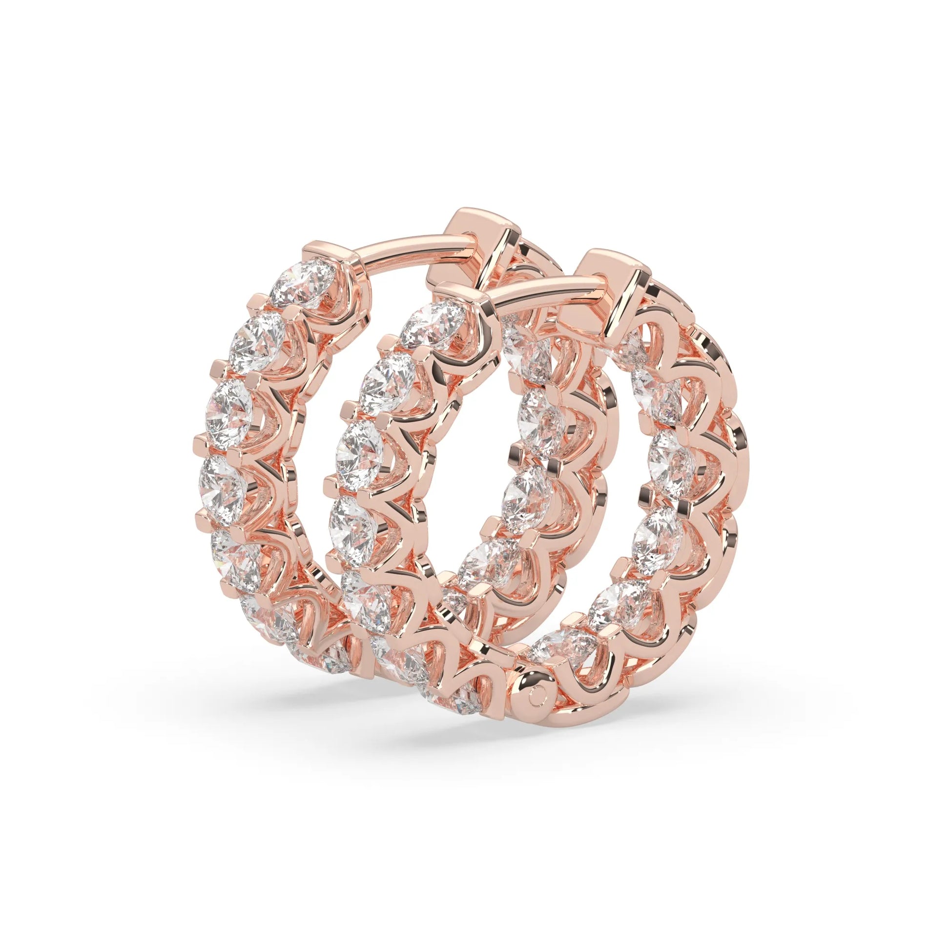 rose gold Round cut lab grown diamond hoop earrings featuring 2.50 mm diamonds in a shared prong setting with hinged closure.