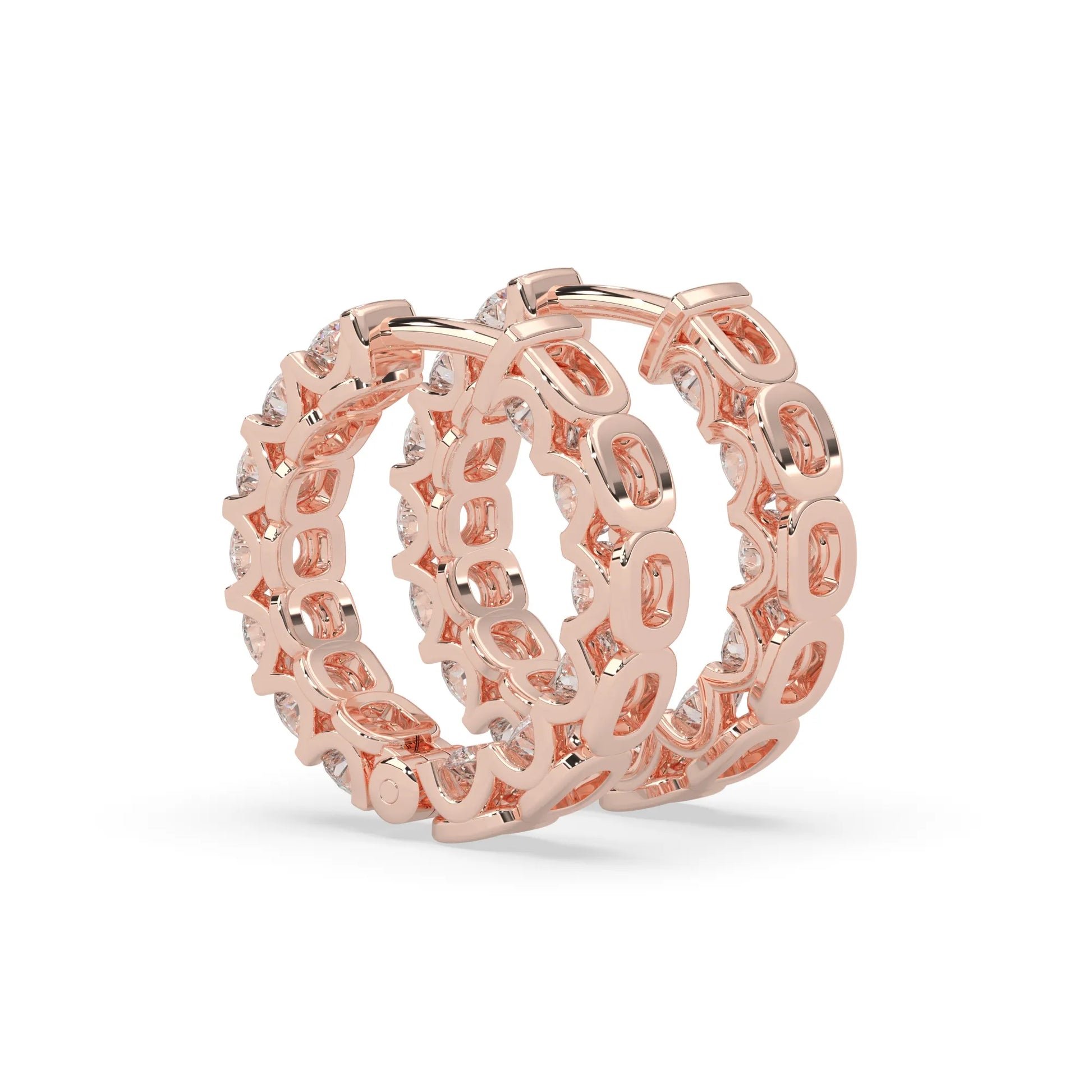 rose gold Round cut lab grown diamond hoop earrings featuring 2.50 mm diamonds in a shared prong setting with hinged closure.