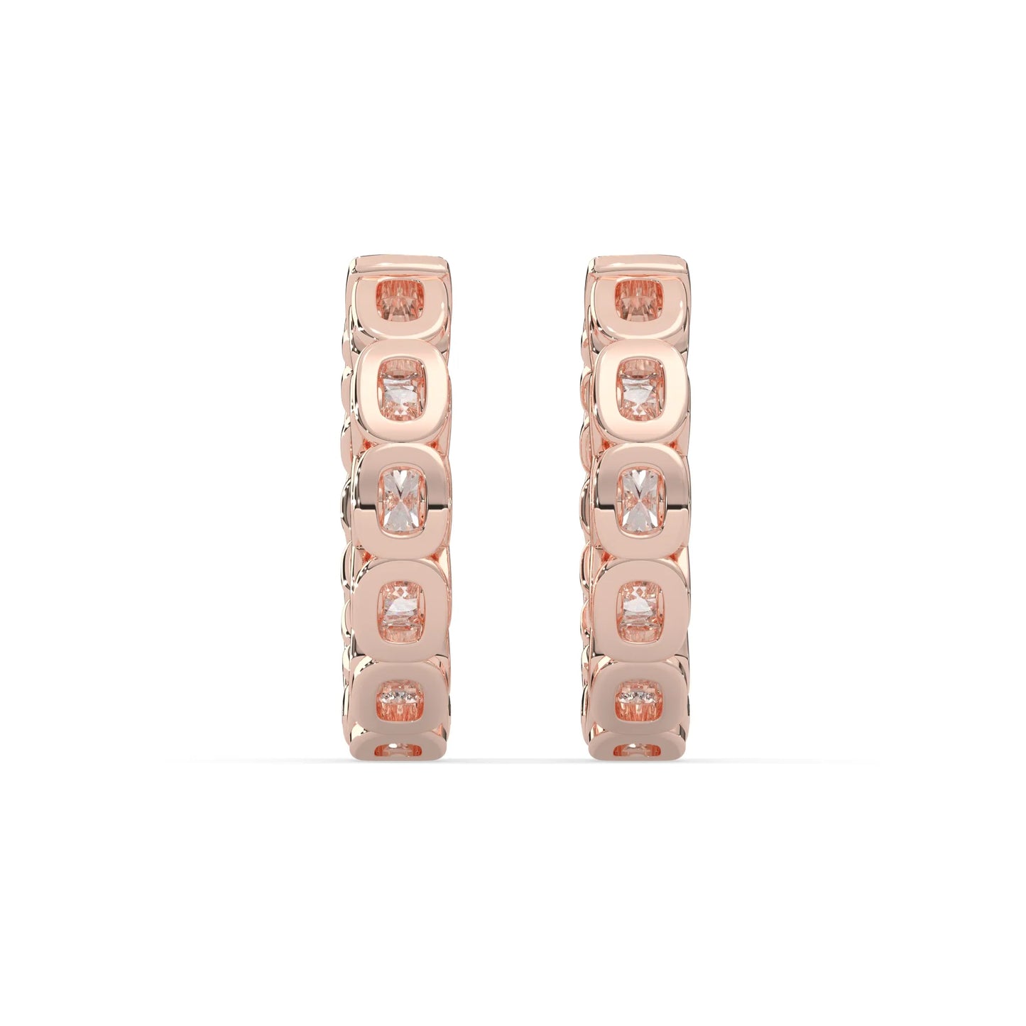 rose gold Round cut lab grown diamond hoop earrings featuring 2.50 mm diamonds in a shared prong setting with hinged closure.