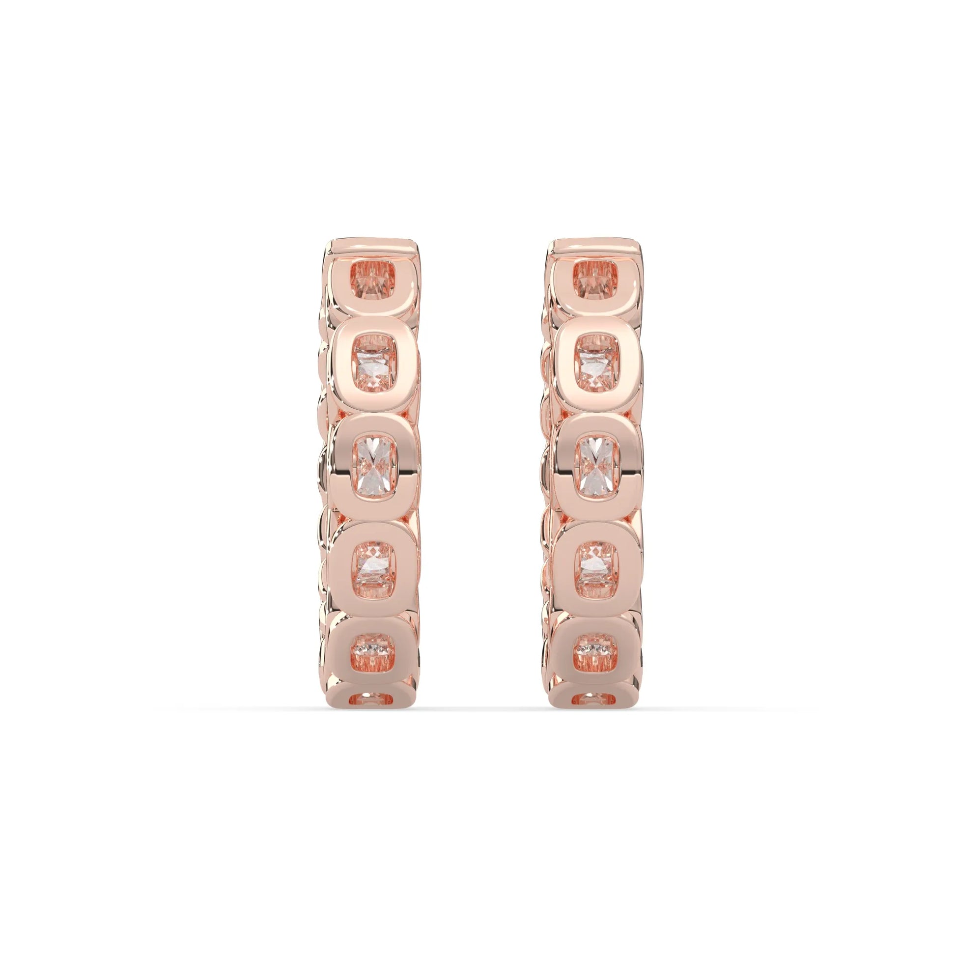 rose gold Round cut lab grown diamond hoop earrings featuring 2.50 mm diamonds in a shared prong setting with hinged closure.