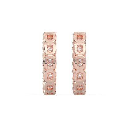 rose gold Round cut lab grown diamond hoop earrings featuring 2.50 mm diamonds in a shared prong setting with hinged closure.