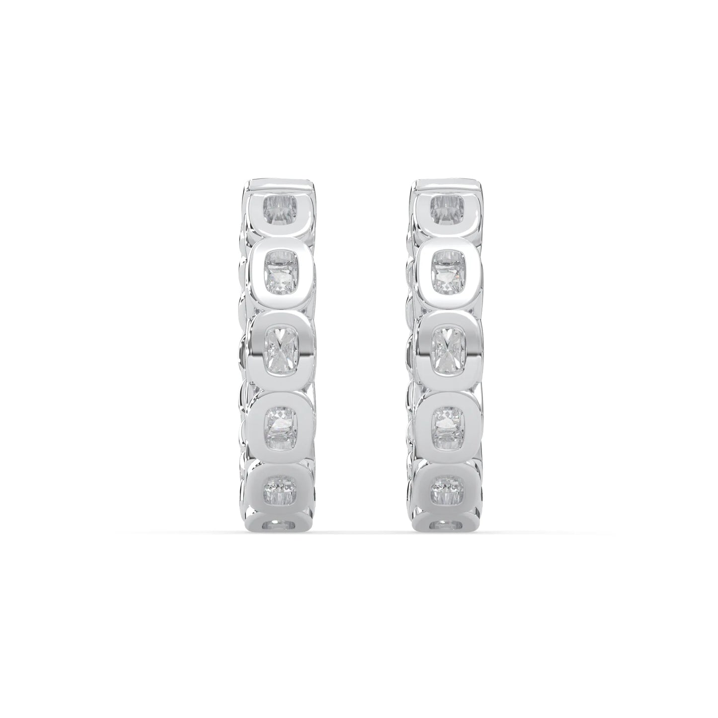 white gold Round cut lab grown diamond hoop earrings featuring 2.50 mm diamonds in a shared prong setting with hinged closure.