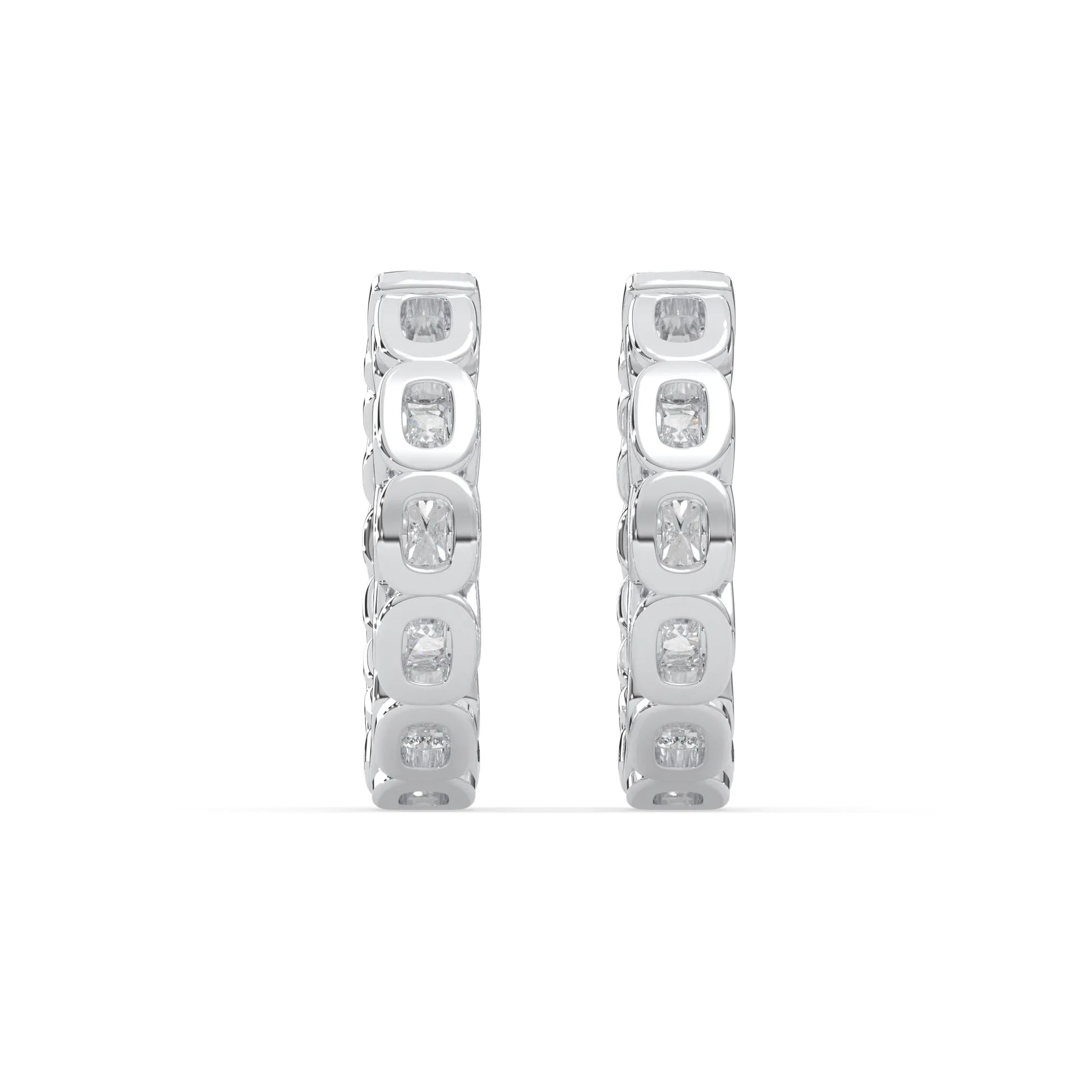 white gold Round cut lab grown diamond hoop earrings featuring 2.50 mm diamonds in a shared prong setting with hinged closure.